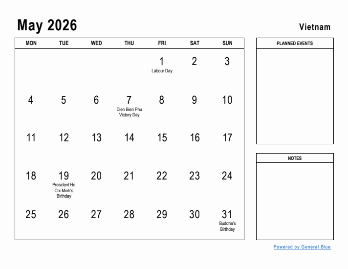 May 2026 Printable Monthly Calendar with Vietnam Holidays