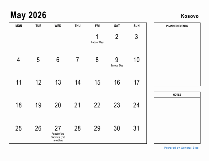 May 2026 Printable Monthly Calendar with Kosovo Holidays