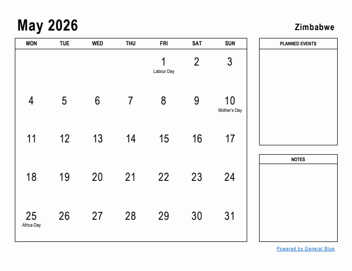 May 2026 Printable Monthly Calendar with Zimbabwe Holidays