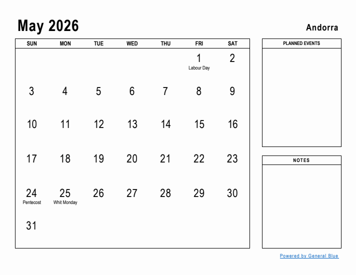 May 2026 Printable Monthly Calendar with Andorra Holidays