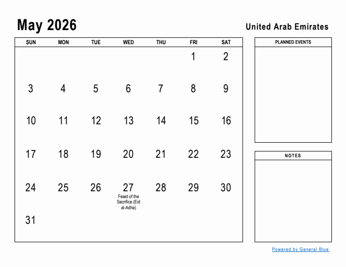 May 2026 Printable Monthly Calendar with United Arab Emirates Holidays