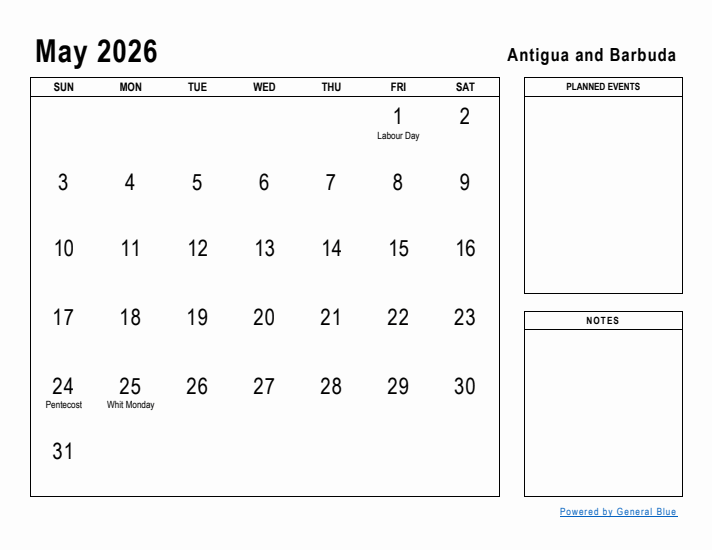 May 2026 Printable Monthly Calendar with Antigua and Barbuda Holidays