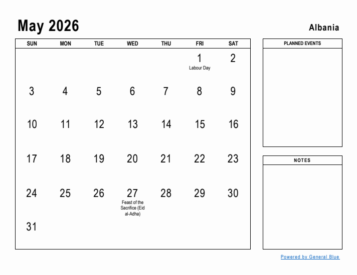 May 2026 Printable Monthly Calendar with Albania Holidays