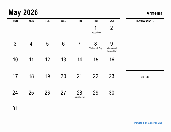 May 2026 Printable Monthly Calendar with Armenia Holidays