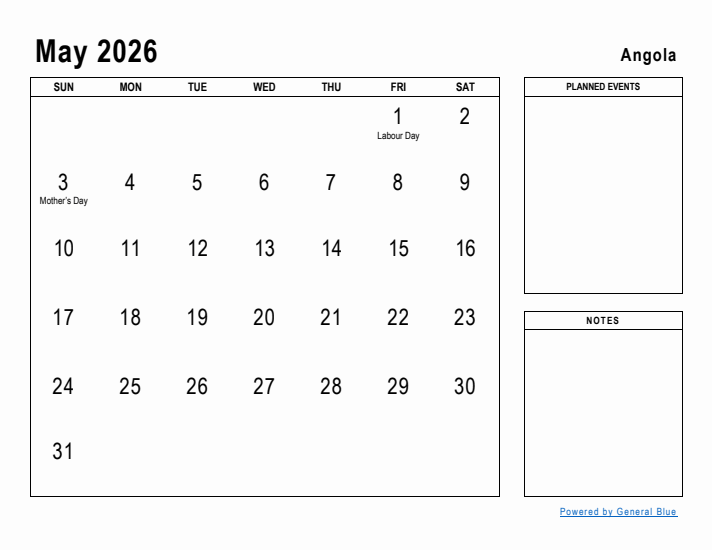 May 2026 Printable Monthly Calendar with Angola Holidays