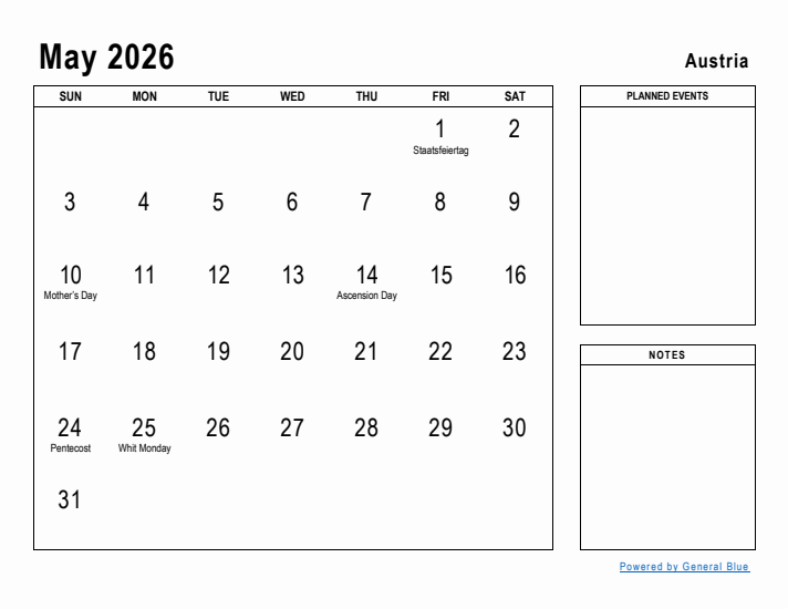 May 2026 Printable Monthly Calendar with Austria Holidays