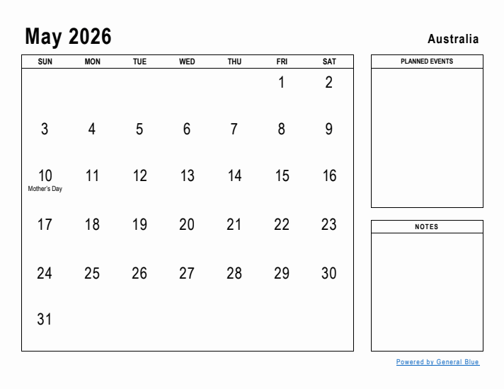 May 2026 Printable Monthly Calendar with Australia Holidays