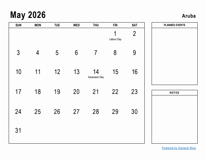 May 2026 Printable Monthly Calendar with Aruba Holidays