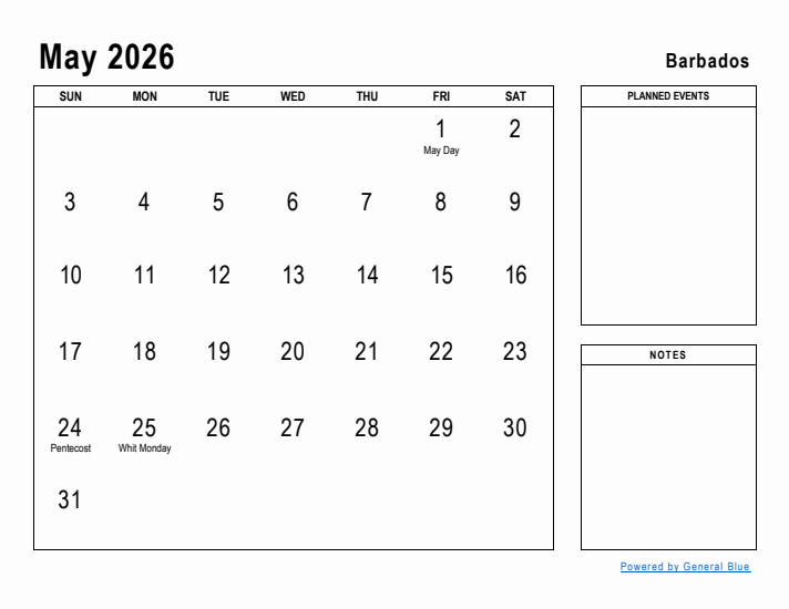 May 2026 Printable Monthly Calendar with Barbados Holidays