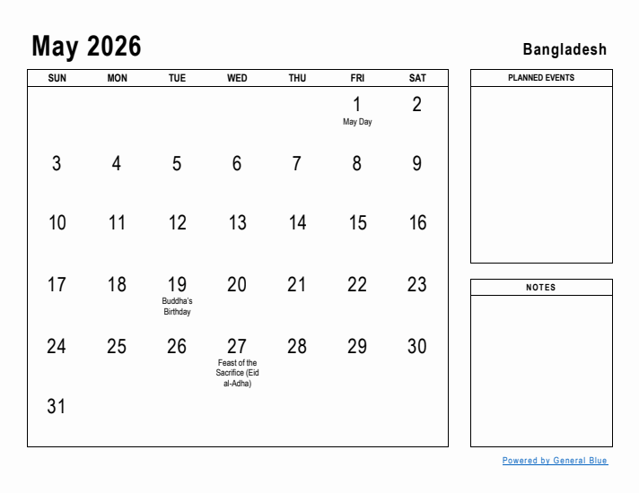 May 2026 Printable Monthly Calendar with Bangladesh Holidays