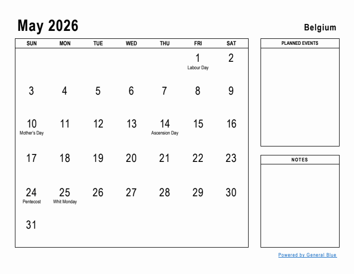 May 2026 Printable Monthly Calendar with Belgium Holidays