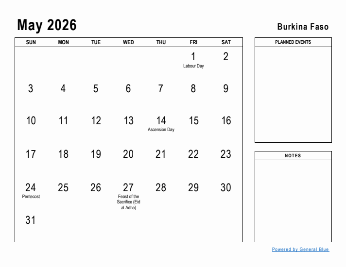 May 2026 Printable Monthly Calendar with Burkina Faso Holidays