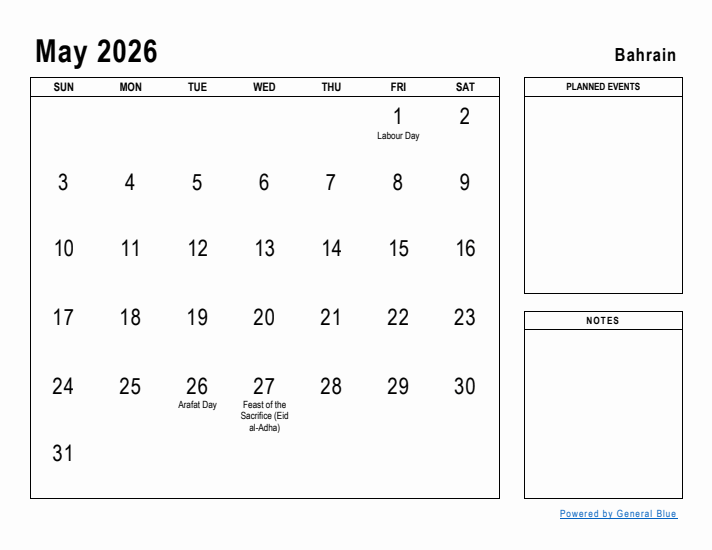 May 2026 Printable Monthly Calendar with Bahrain Holidays