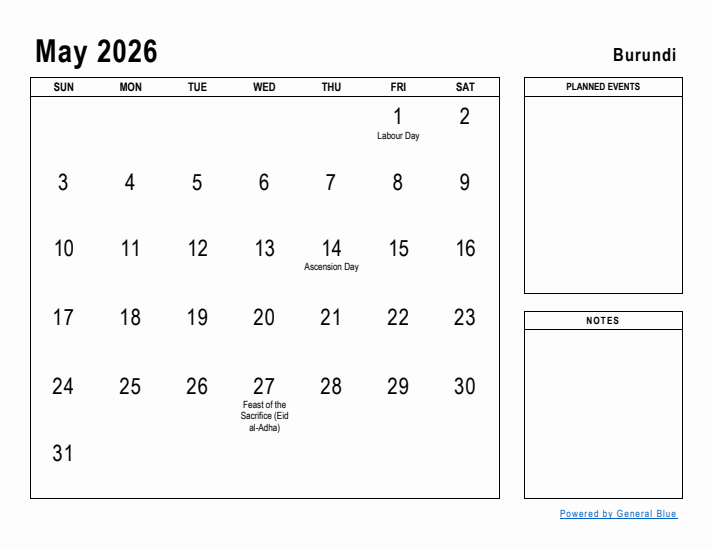 May 2026 Printable Monthly Calendar with Burundi Holidays