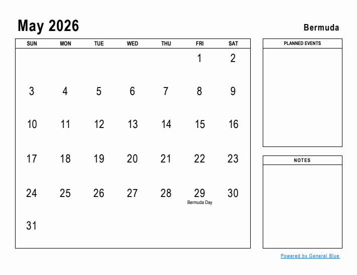 May 2026 Printable Monthly Calendar with Bermuda Holidays