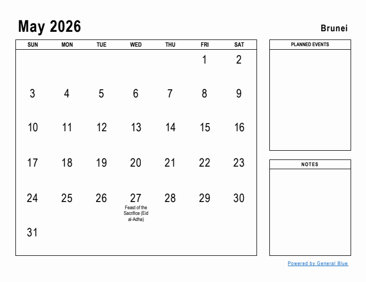 May 2026 Printable Monthly Calendar with Brunei Holidays