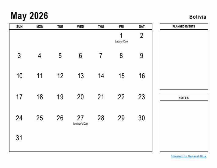 May 2026 Printable Monthly Calendar with Bolivia Holidays