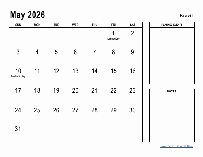 May 2026 Printable Monthly Calendar with Brazil Holidays