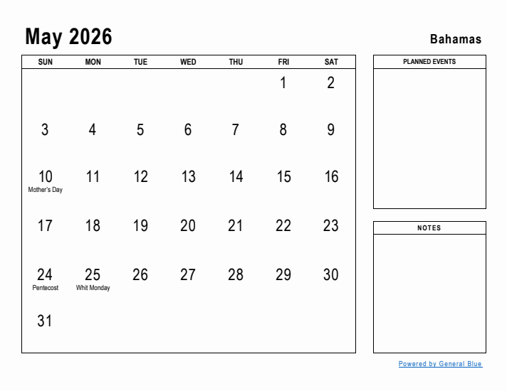 May 2026 Printable Monthly Calendar with Bahamas Holidays