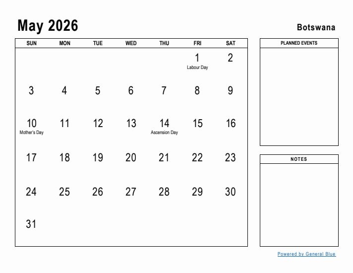 May 2026 Printable Monthly Calendar with Botswana Holidays