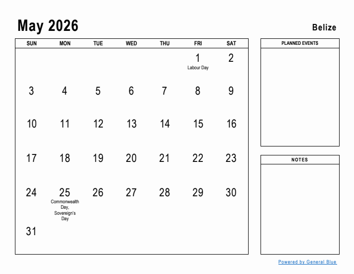 May 2026 Printable Monthly Calendar with Belize Holidays