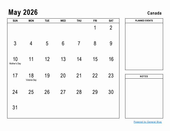 May 2026 Printable Monthly Calendar with Canada Holidays