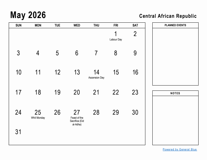 May 2026 Printable Monthly Calendar with Central African Republic Holidays