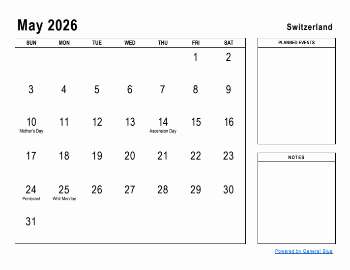 May 2026 Printable Monthly Calendar with Switzerland Holidays