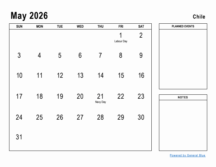 May 2026 Printable Monthly Calendar with Chile Holidays