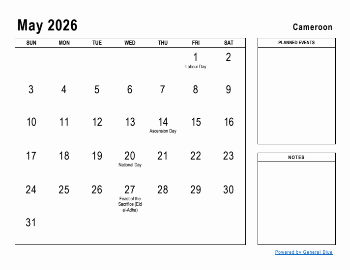 May 2026 Printable Monthly Calendar with Cameroon Holidays