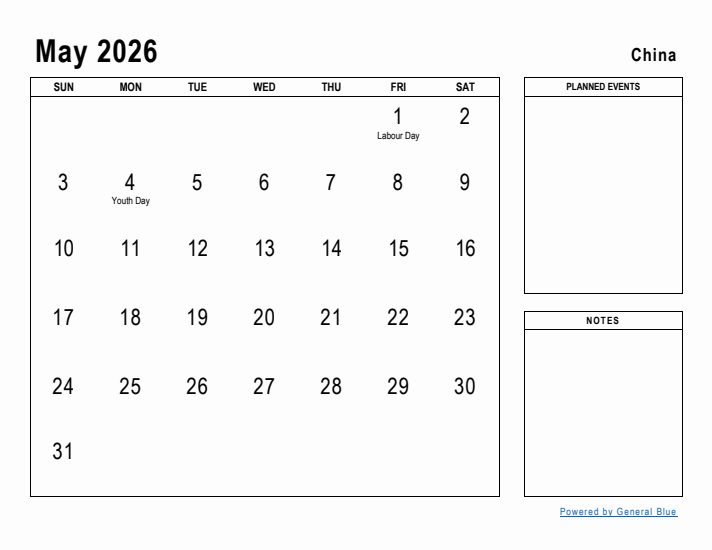 May 2026 Printable Monthly Calendar with China Holidays