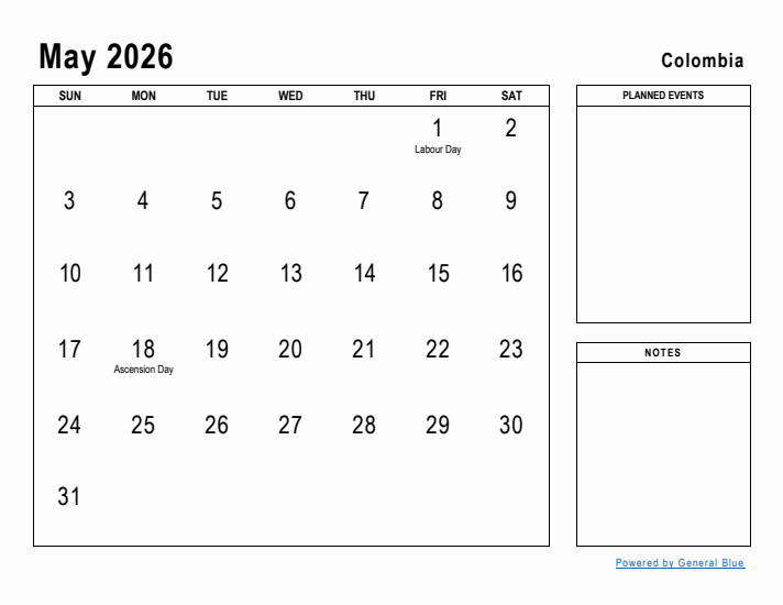 May 2026 Printable Monthly Calendar with Colombia Holidays