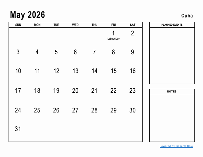 May 2026 Printable Monthly Calendar with Cuba Holidays