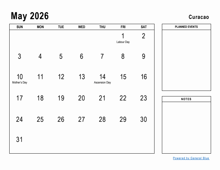 May 2026 Printable Monthly Calendar with Curacao Holidays