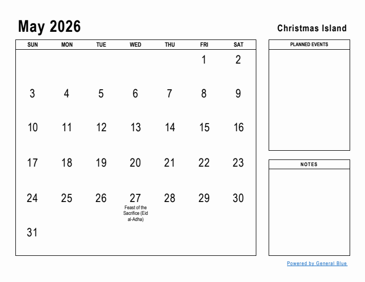 May 2026 Printable Monthly Calendar with Christmas Island Holidays