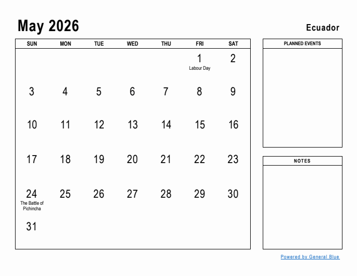 May 2026 Printable Monthly Calendar with Ecuador Holidays