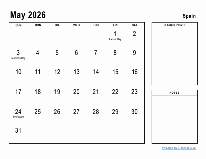 May 2026 Printable Monthly Calendar with Spain Holidays