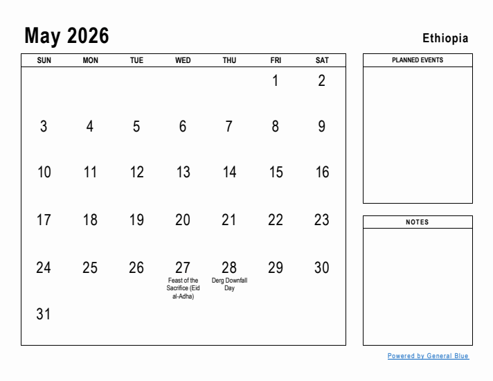 May 2026 Printable Monthly Calendar with Ethiopia Holidays