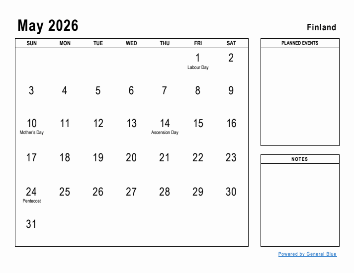 May 2026 Printable Monthly Calendar with Finland Holidays