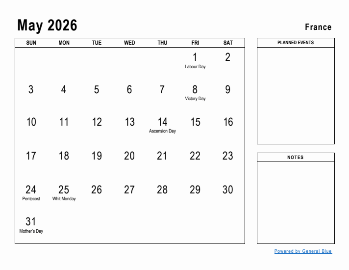 May 2026 Printable Monthly Calendar with France Holidays