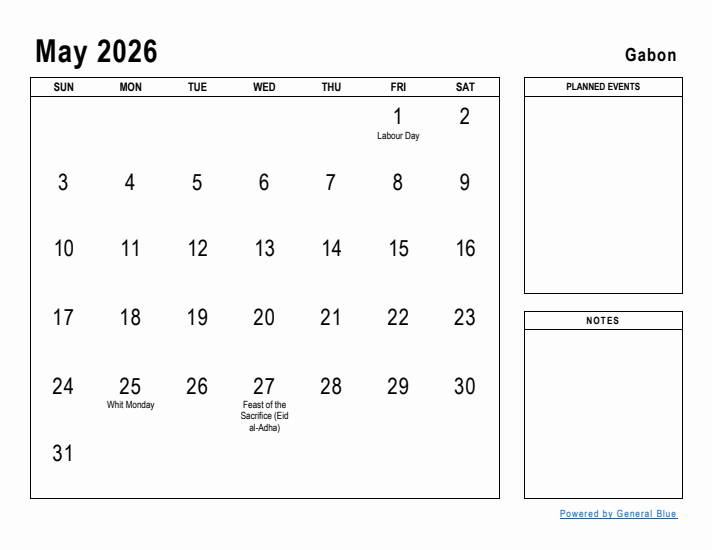 May 2026 Printable Monthly Calendar with Gabon Holidays