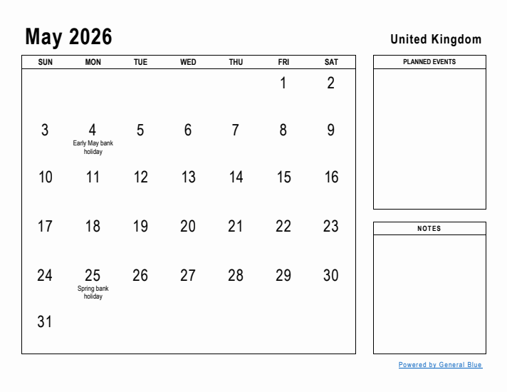 May 2026 Printable Monthly Calendar with United Kingdom Holidays