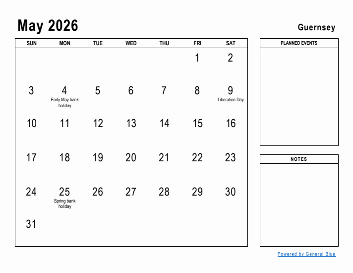 May 2026 Printable Monthly Calendar with Guernsey Holidays