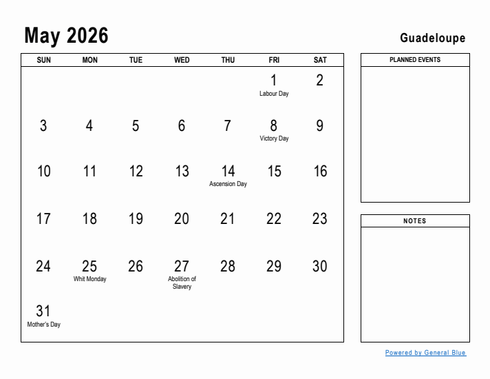 May 2026 Printable Monthly Calendar with Guadeloupe Holidays