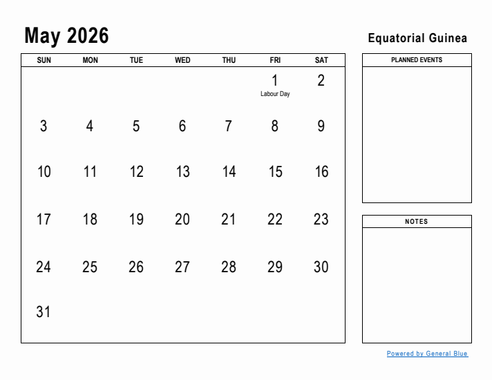 May 2026 Printable Monthly Calendar with Equatorial Guinea Holidays