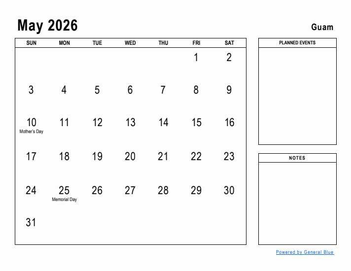 May 2026 Printable Monthly Calendar with Guam Holidays