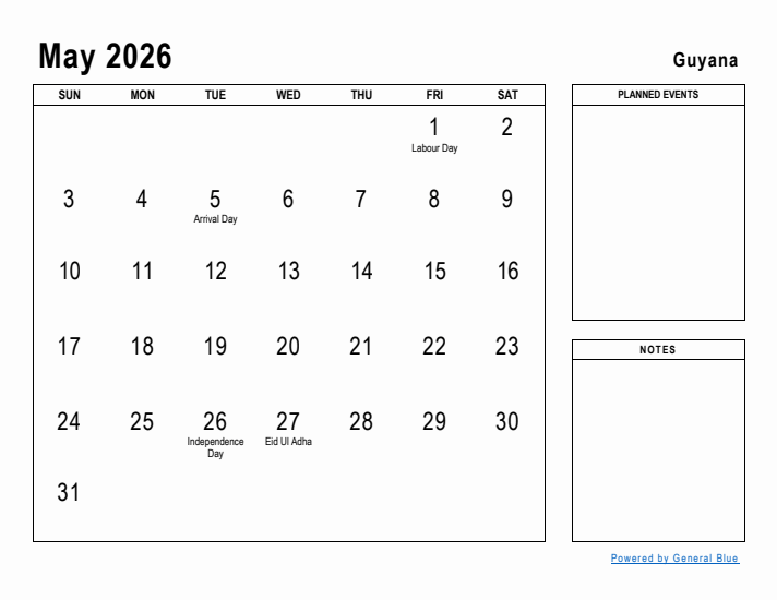 May 2026 Printable Monthly Calendar with Guyana Holidays