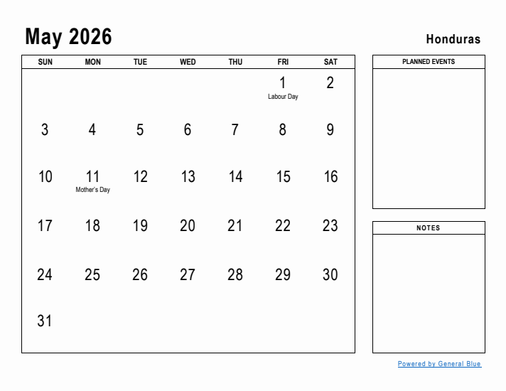 May 2026 Printable Monthly Calendar with Honduras Holidays