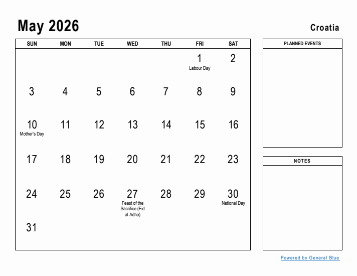 May 2026 Printable Monthly Calendar with Croatia Holidays