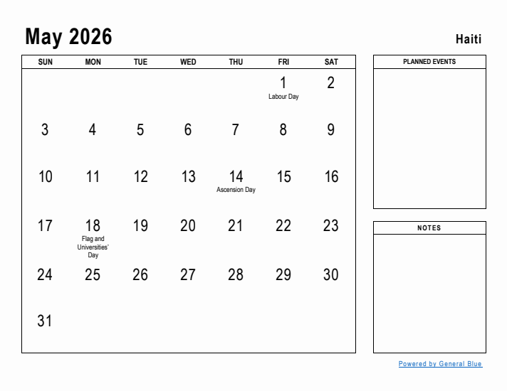 May 2026 Printable Monthly Calendar with Haiti Holidays